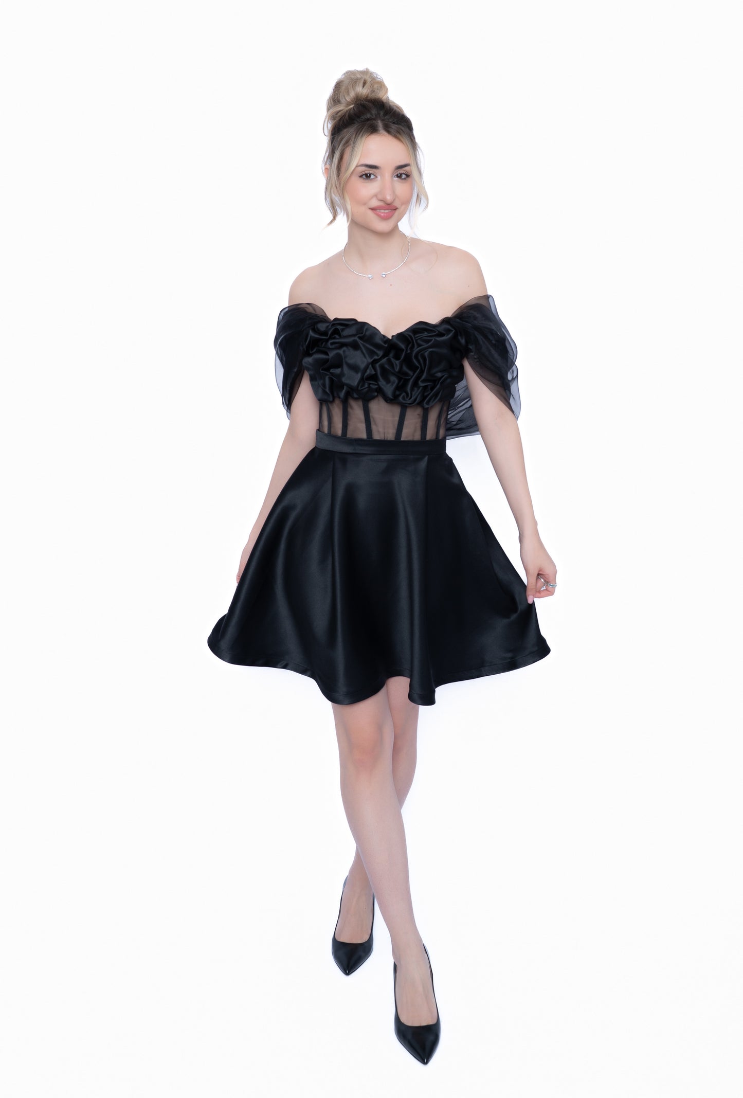 Corset negru cu Drapaj Manual și Inserții din Tulle