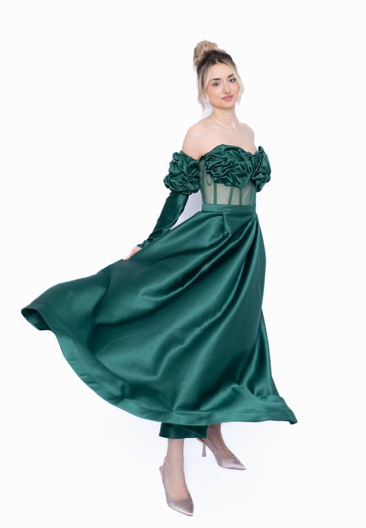 Set corset cu maneci detasabile si Fustă lunga de culoare verde smarald din taftă premium.