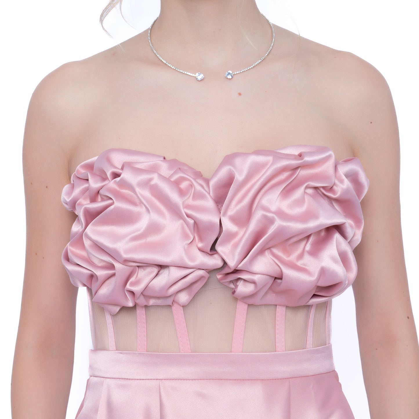 Corset LILA cu drapaj cusut manual și tulle transparent în talie roz deschis