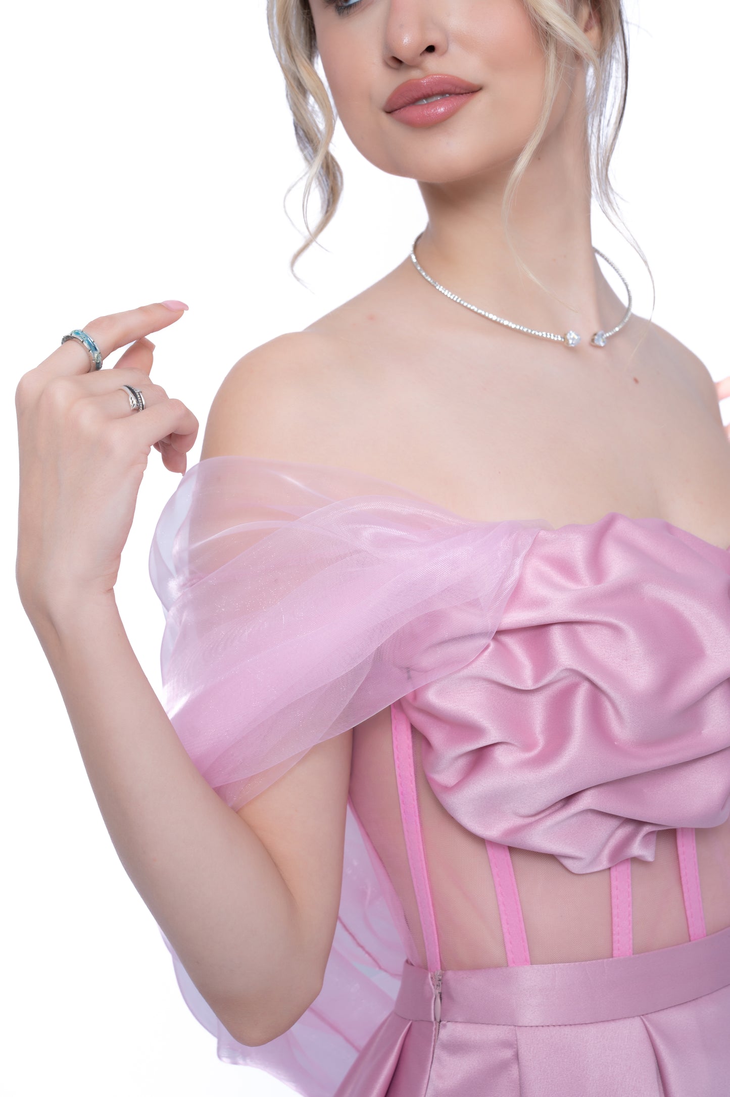 Voal detașabil roz LILA din organza peliculizată, accesoriu modular pentru un look romantic