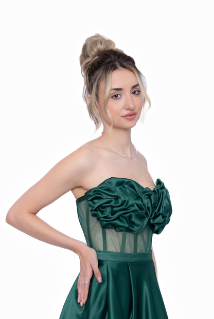 Corset Verde Smarald cu Drapaj Manual și Inserții din Tulle