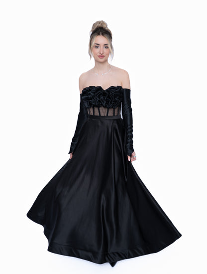 Rochie Neagră Accent Set: Corset & Fustă lungă & mănusi