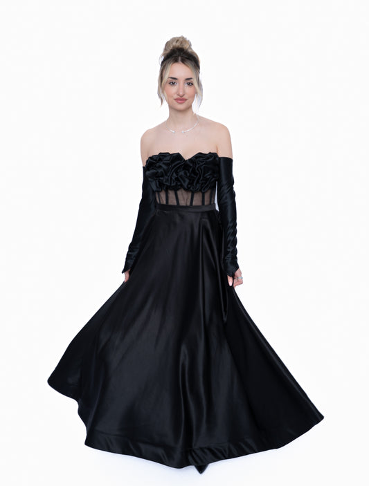 Rochie Neagră Accent Set: Corset & Fustă lungă & mănusi