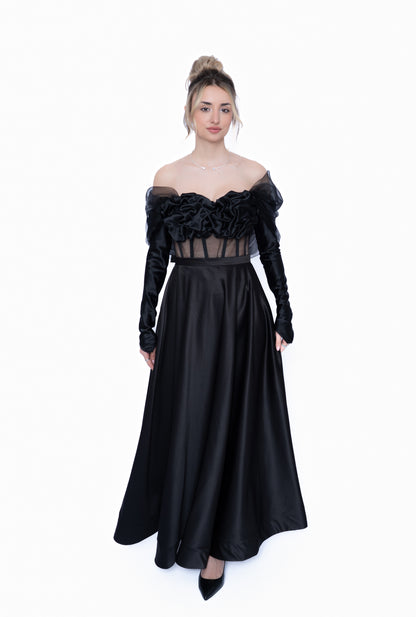 Rochie Neagră Accent Full Set: Corset & Fustă lungă &  Manusi & Voal
