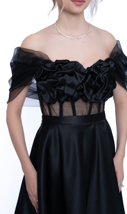 Corset negru cu Drapaj Manual și Inserții din Tulle