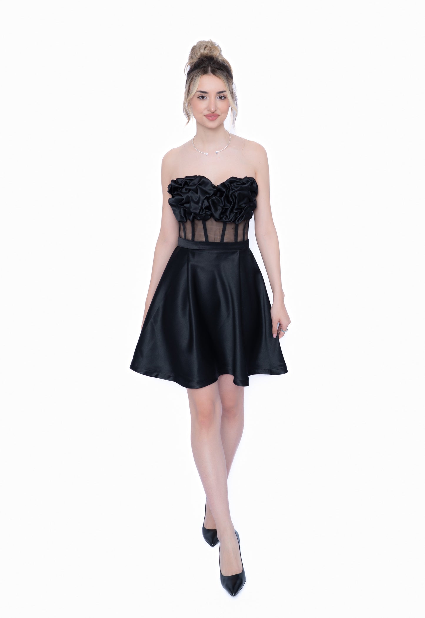 Corset negru cu Drapaj Manual și Inserții din Tulle