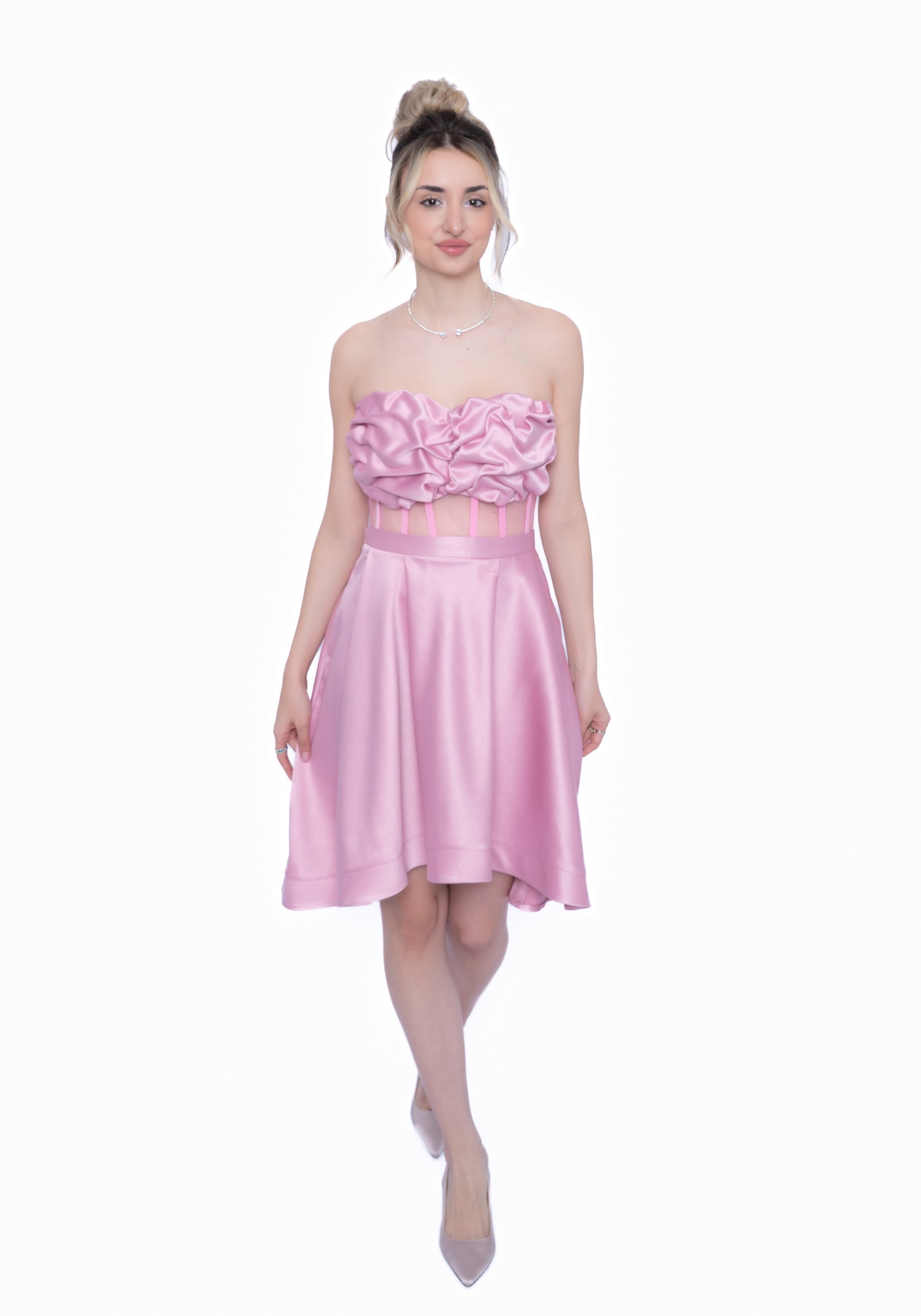 Corset roz cu Drapaj Manual și Inserții din Tulle