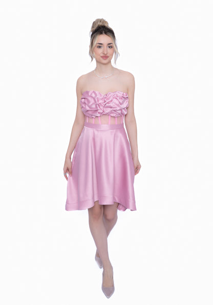 Corset roz cu Drapaj Manual și Inserții din Tulle