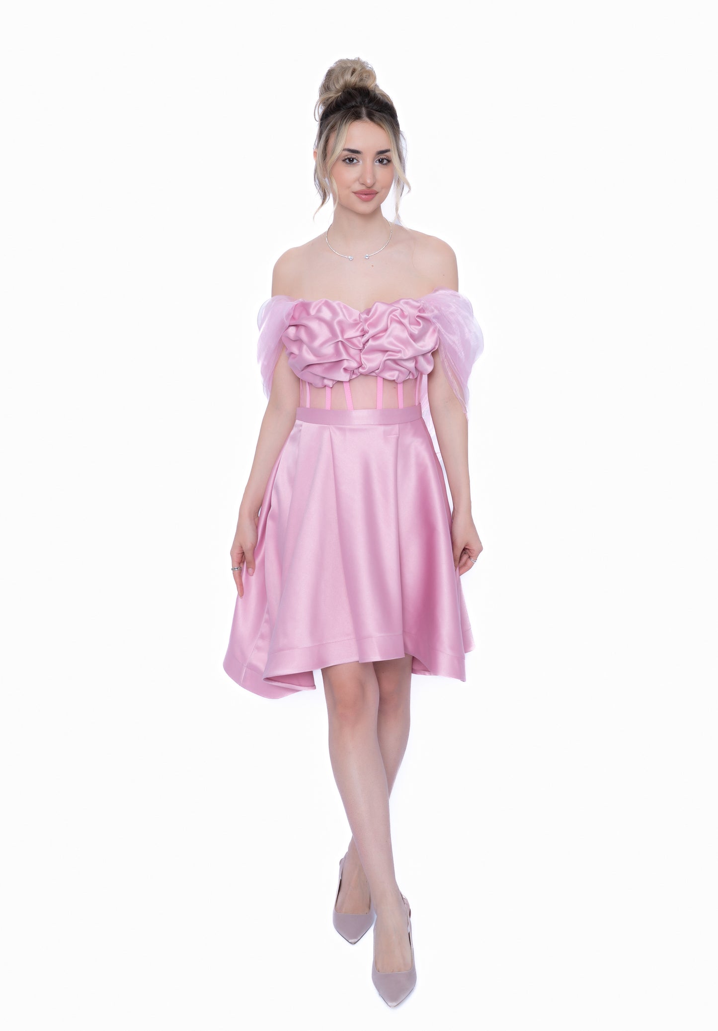 Rochie Roz Accent Set: Corset & Fustă scurtă & Voal
