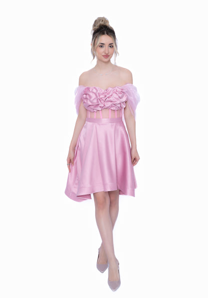 Rochie Roz Accent Set: Corset & Fustă scurtă & Voal