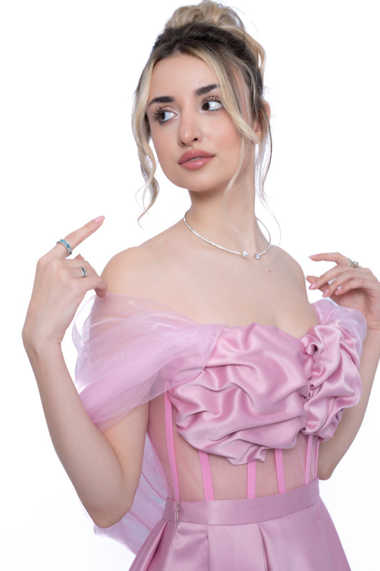 Rochie Roz Accent Set: Corset & Fustă scurtă & Voal