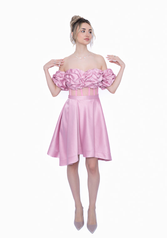 Rochie Roz Signature Set: Corset & Fustă scurtă & Maneci