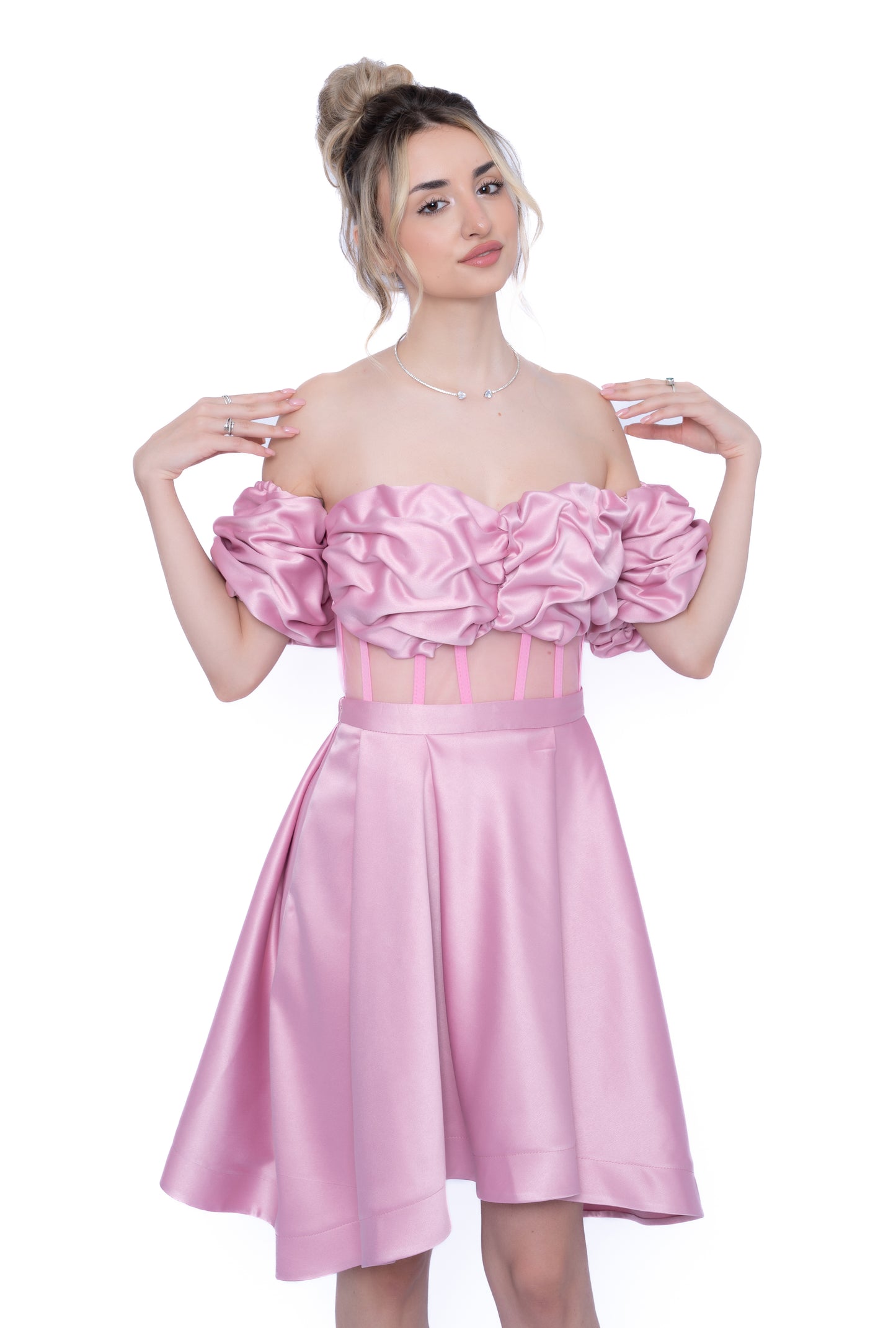 Rochie Roz Signature Set: Corset & Fustă scurtă & Maneci