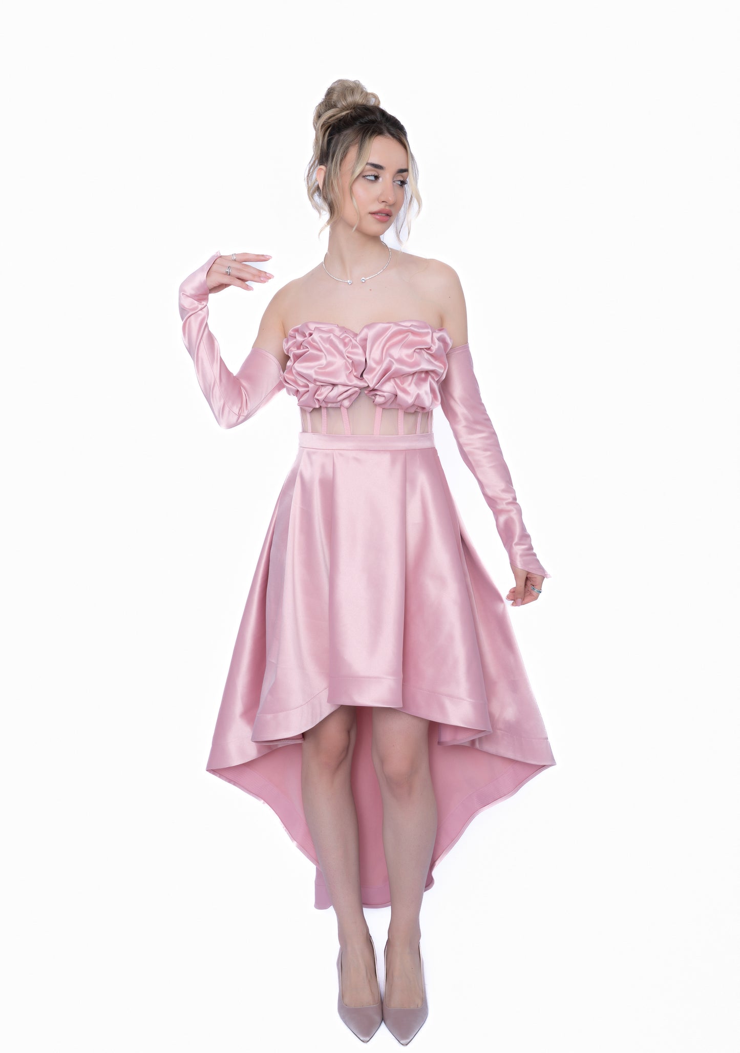 Corset roz cu Drapaj Manual și Inserții din Tulle