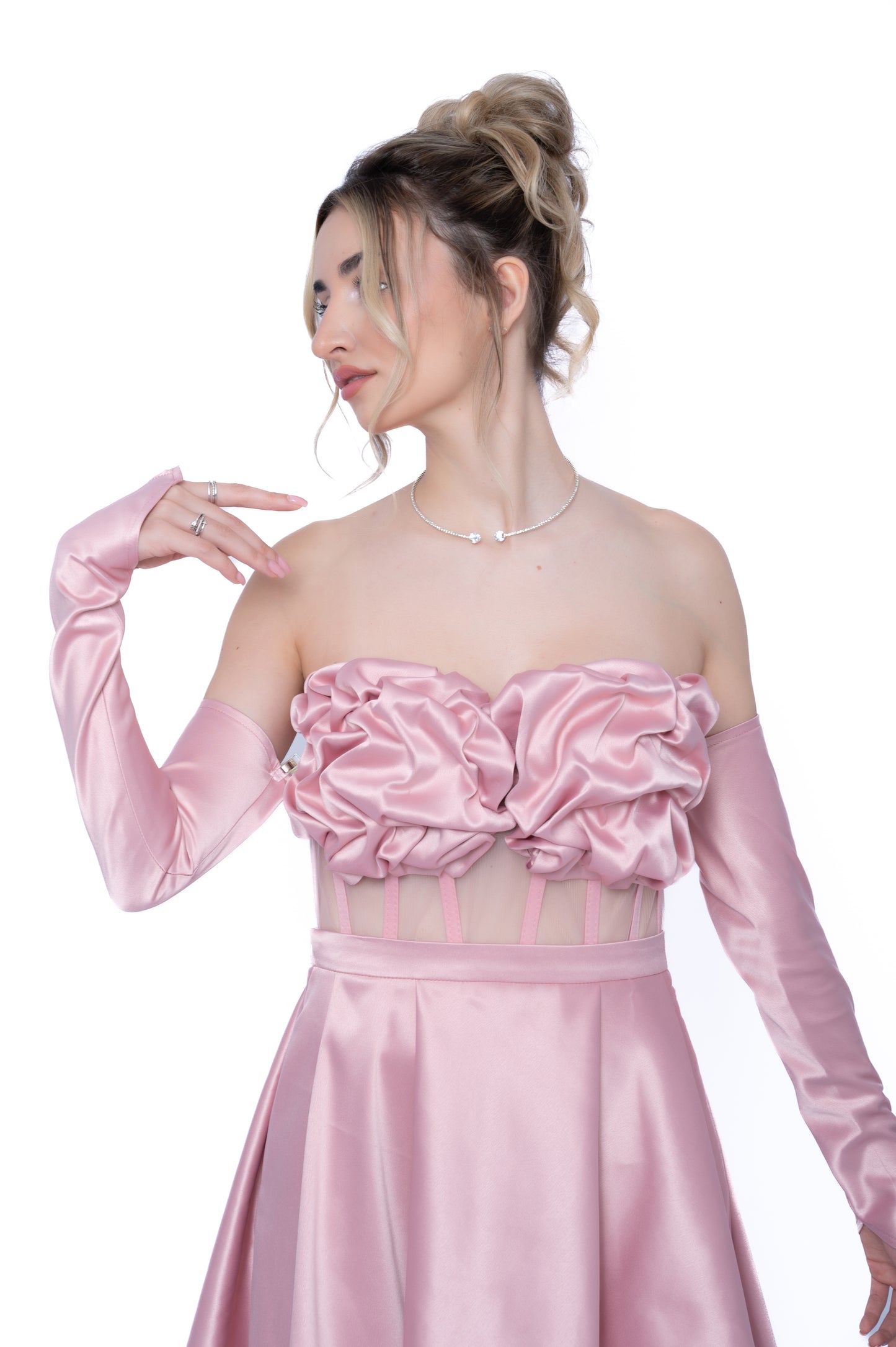 Corset roz cu Drapaj Manual și Inserții din Tulle