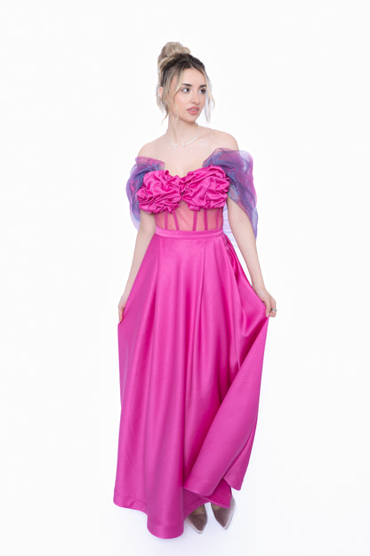 Rochie Accent Set Fucsia: Corset, Fustă lungă & Voal