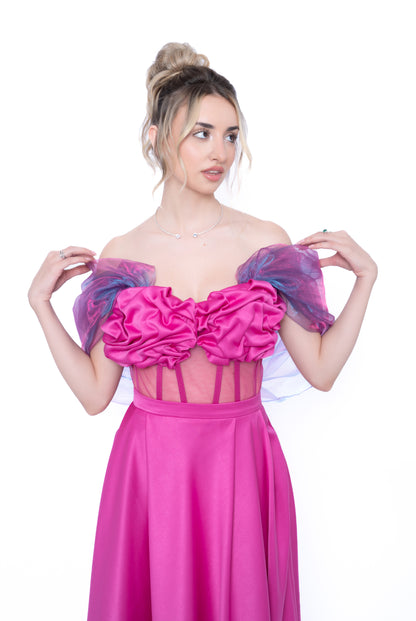 Rochie Accent Set Fucsia: Corset, Fustă lungă & Voal