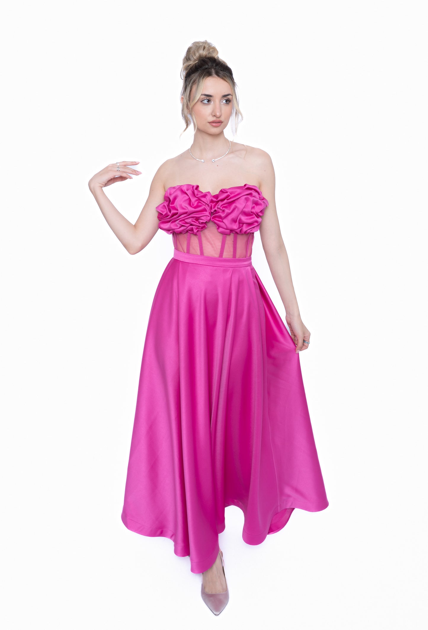 Corset Roz Fucsia cu Drapaj Manual și Inserții din Tulle