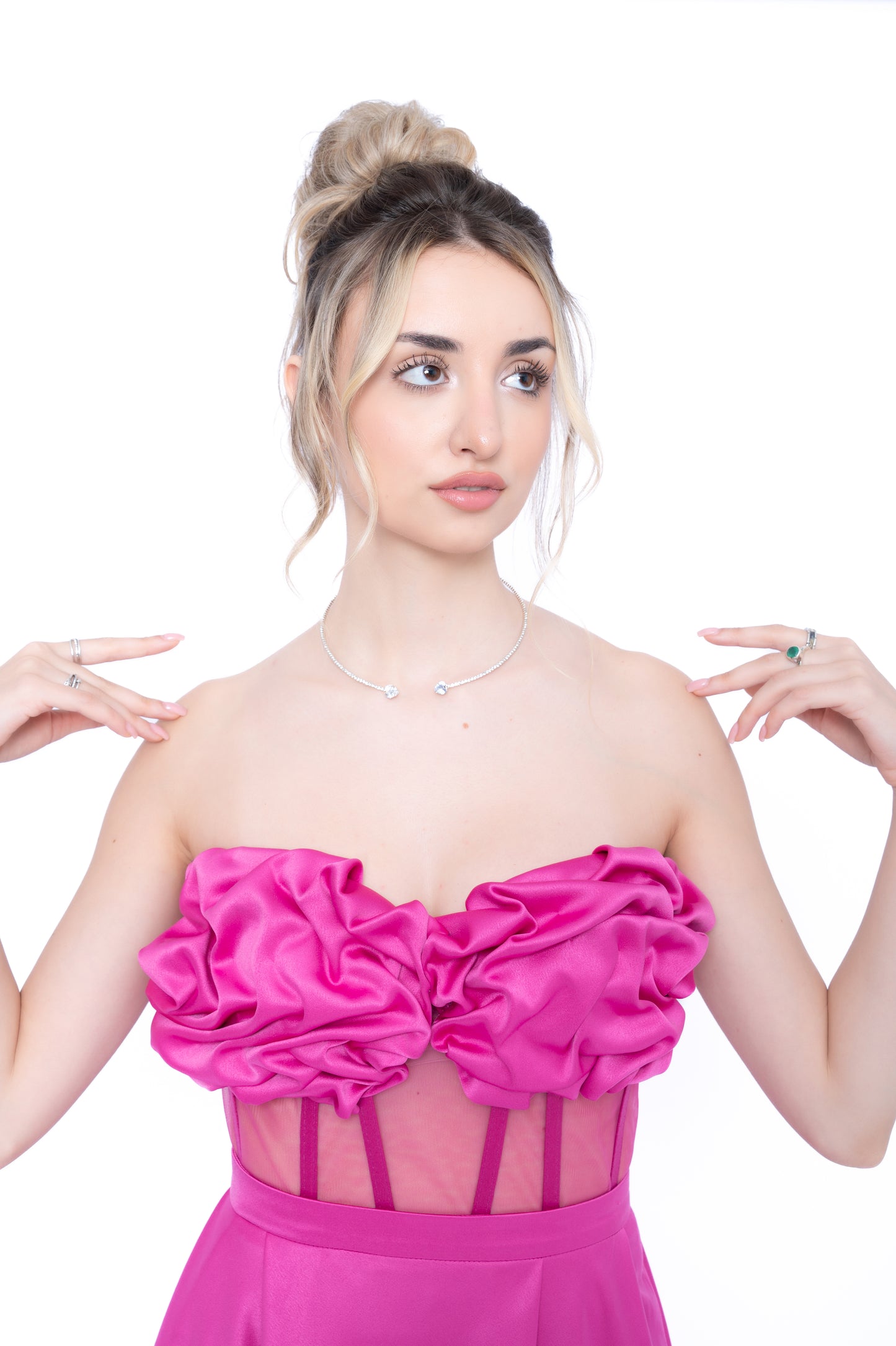 Corset Roz Fucsia cu Drapaj Manual și Inserții din Tulle