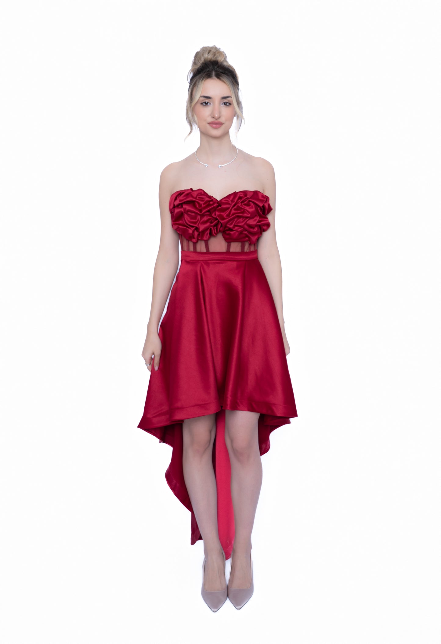 Corset Burgundi cu Drapaj Manual și Inserții din Tulle