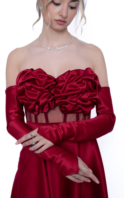 Corset Burgundi cu Drapaj Manual și Inserții din Tulle