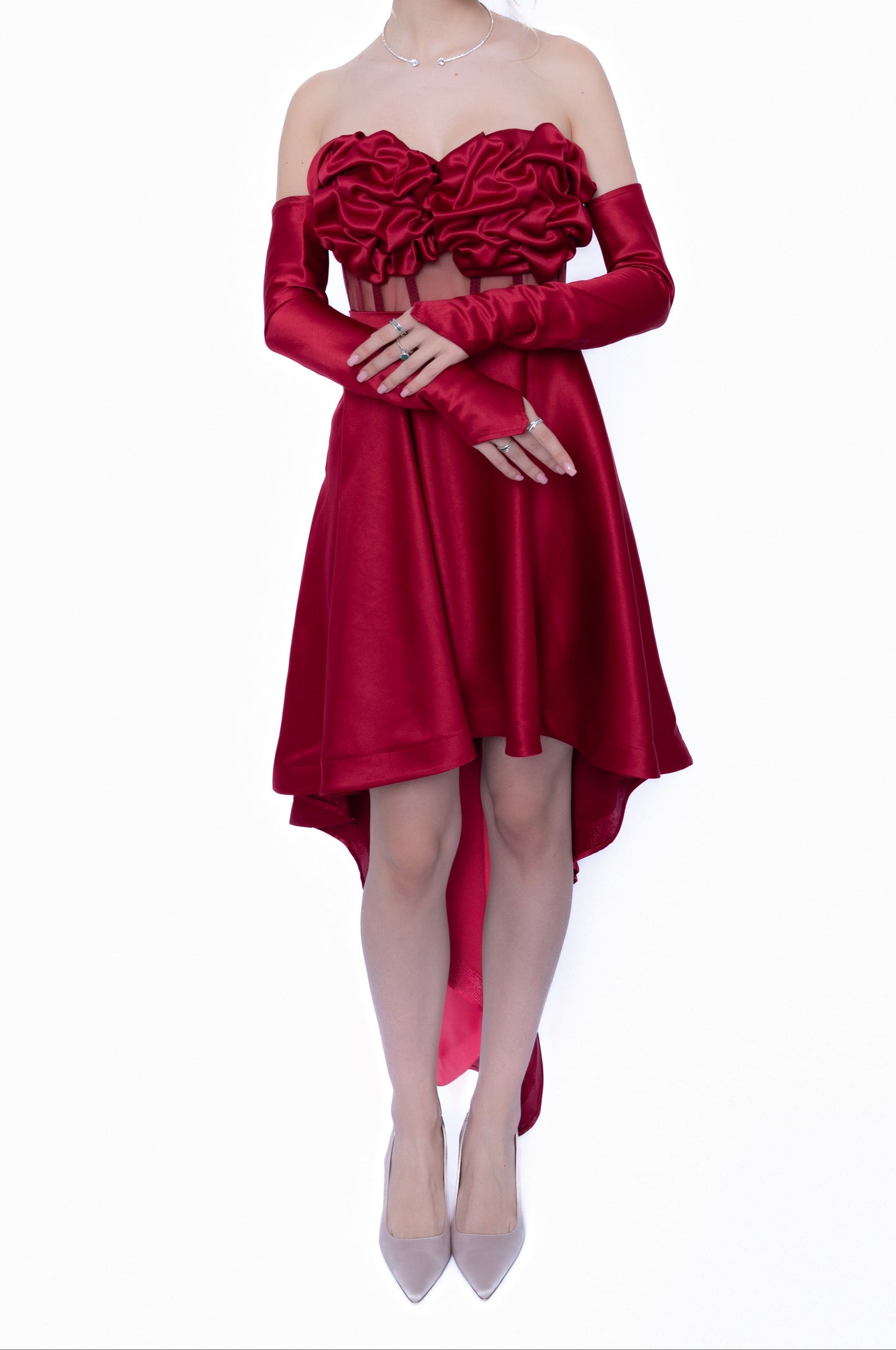 Rochie Burgundi Accent Set: Corset & Fustă cu trenă & manusi