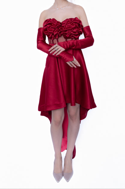 Rochie Burgundi Accent Set: Corset & Fustă cu trenă & manusi