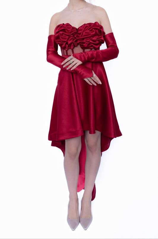 Rochie Burgundi Accent Set: Corset & Fustă cu trenă & manusi