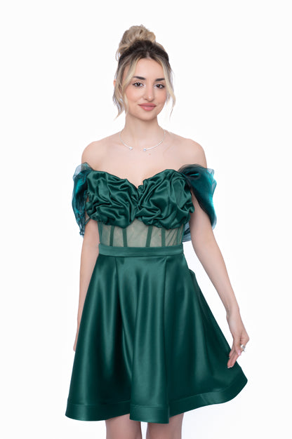 Corset Verde Smarald cu Drapaj Manual și Inserții din Tulle