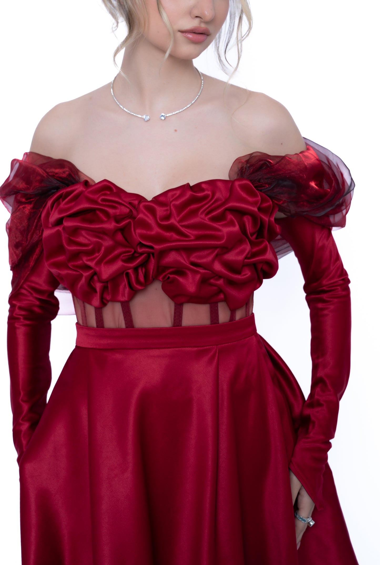 Corset Burgundi cu Drapaj Manual și Inserții din Tulle
