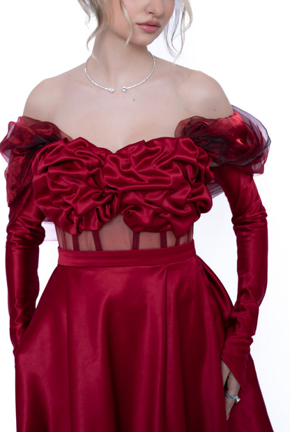 Corset Burgundi cu Drapaj Manual și Inserții din Tulle