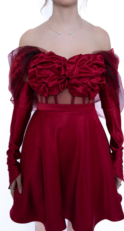 Rochie Burgundi Full Set: Corset, Fustă scurtă & Accesorii inlcuse