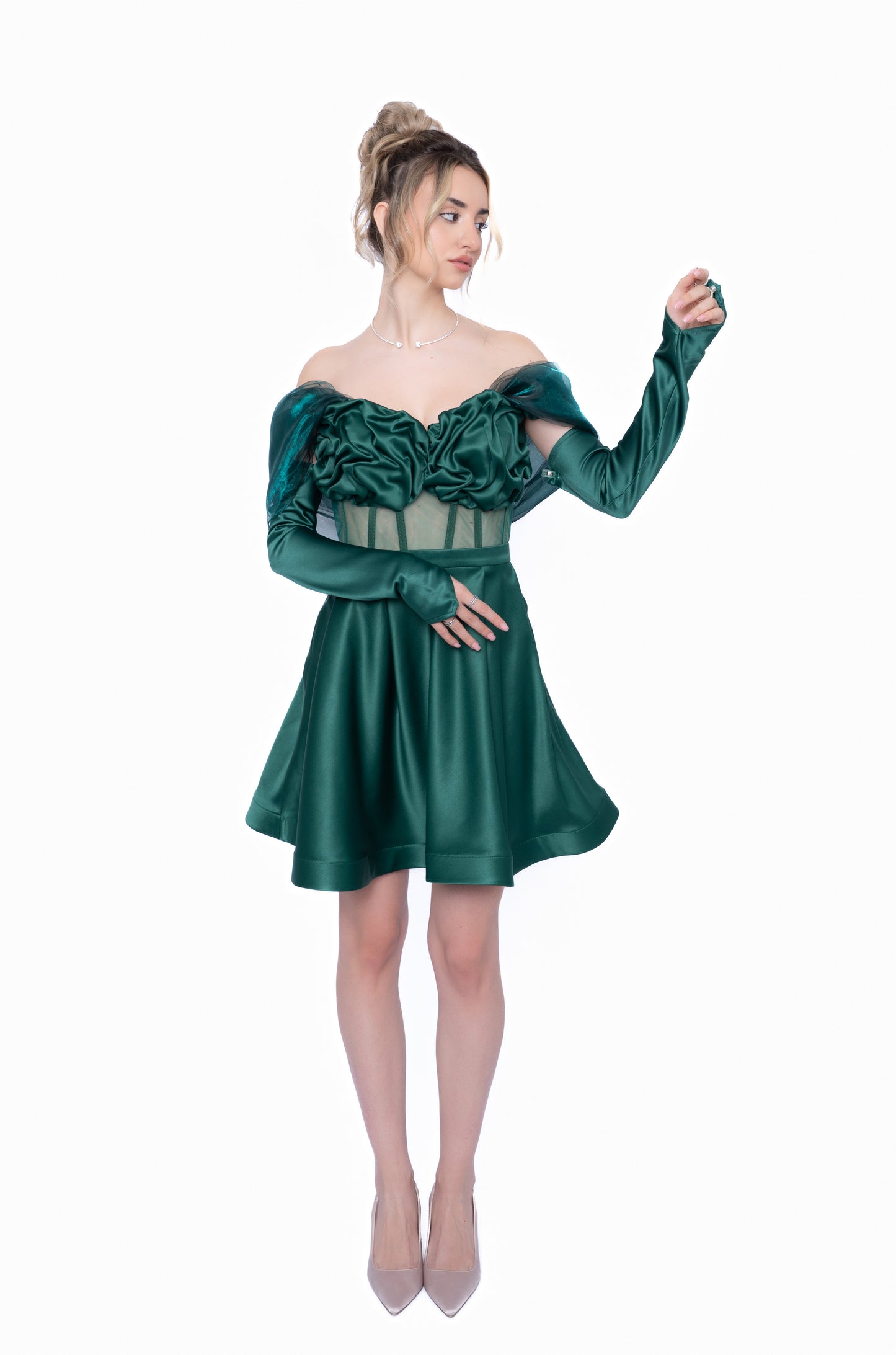 Rochie Verde Smarald Full Accent Set: Corset & Fustă scurtă & accesorii