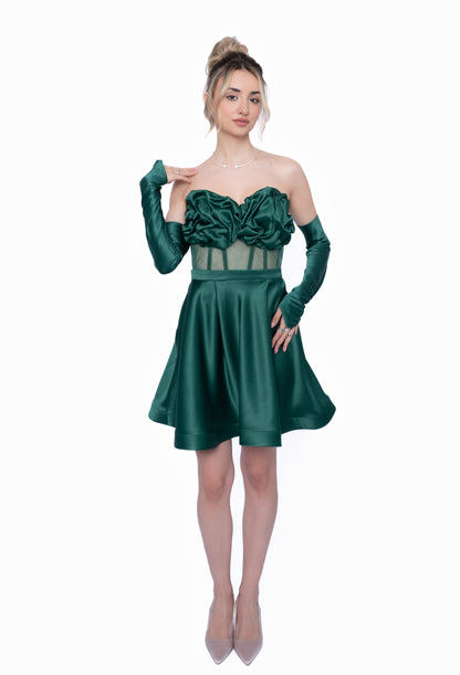 Rochie Verde Smarald Accent Set: Corset & Fustă scurtă & mănusi