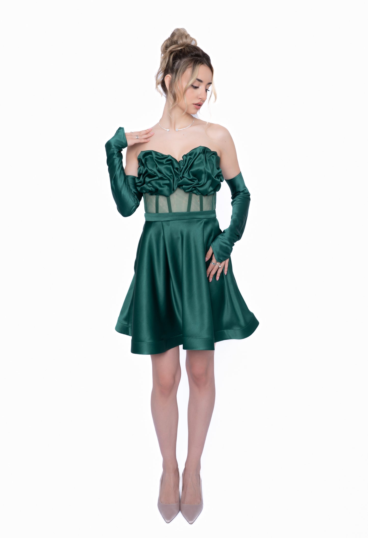 Rochie Verde Smarald Accent Set: Corset & Fustă scurtă & mănusi