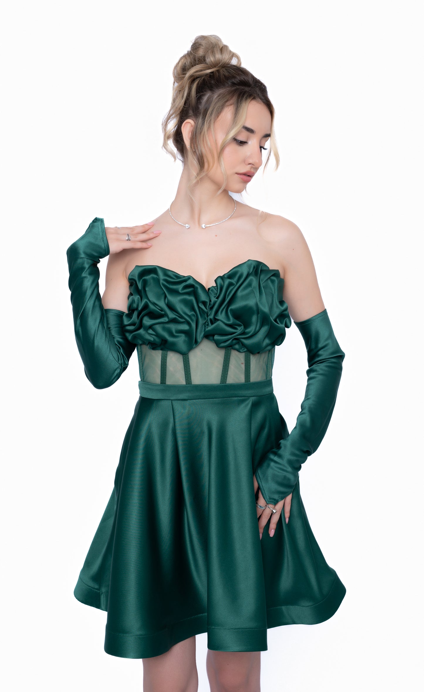 Rochie Verde Smarald Accent Set: Corset & Fustă scurtă & mănusi