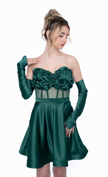 Rochie Verde Smarald Accent Set: Corset & Fustă scurtă & mănusi