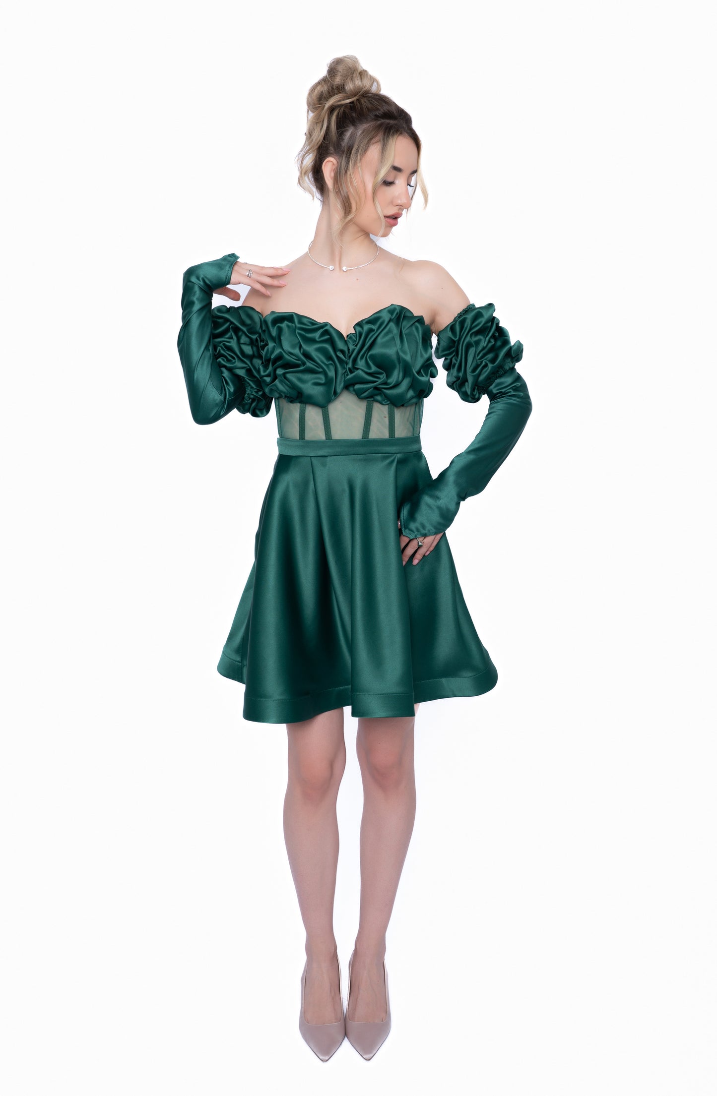 Corset Verde Smarald cu Drapaj Manual și Inserții din Tulle