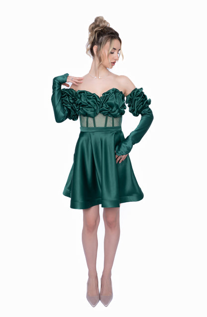 Corset Verde Smarald cu Drapaj Manual și Inserții din Tulle