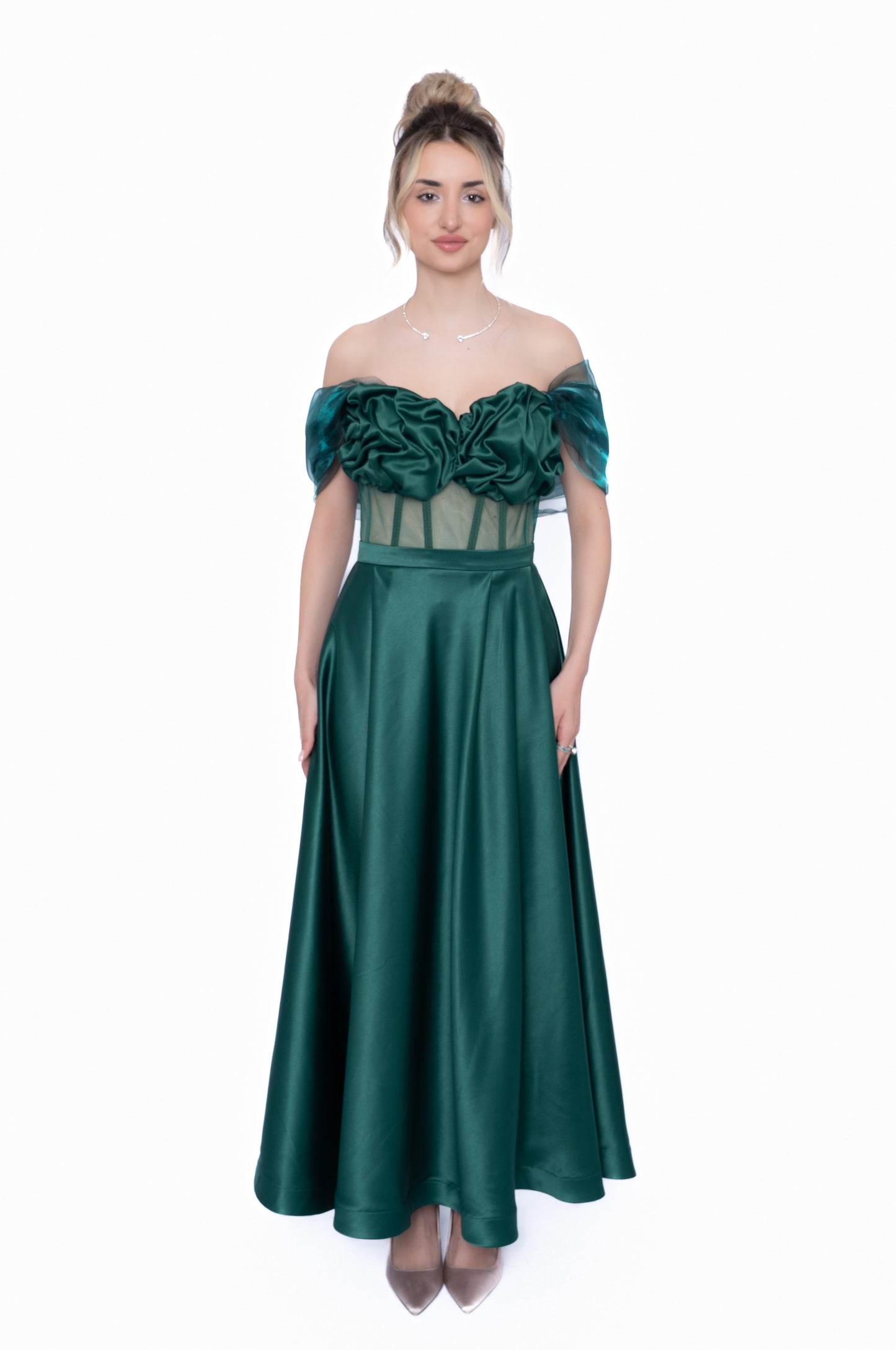Rochie Verde Smarald Accent Set: Corset & Fustă lungă & accesorii
