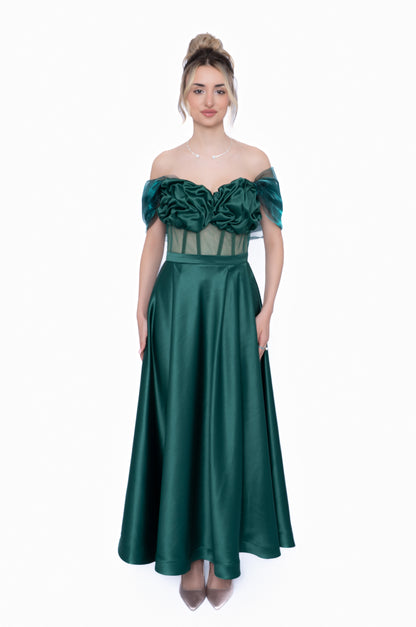 Rochie Verde Smarald Accent Set: Corset & Fustă lungă & accesorii