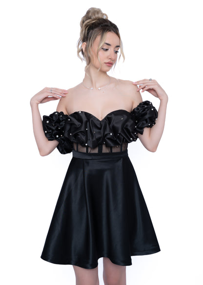 Rochie Neagră Signature Set: Corset, Fustă scurtă & Manecă