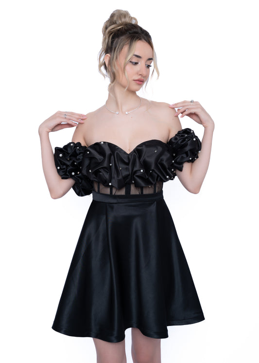 Rochie Neagră Signature Set: Corset, Fustă scurtă & Manecă