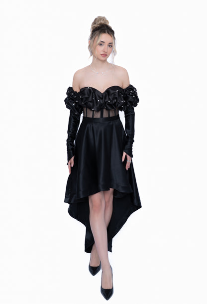 Rochie Neagră Signature Total Look : Corset & Fustă cu trenă & maneca