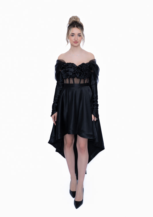 Rochie Neagră Accent Full Set: Corset & Fustă cu trenă &  Manusi & Voal