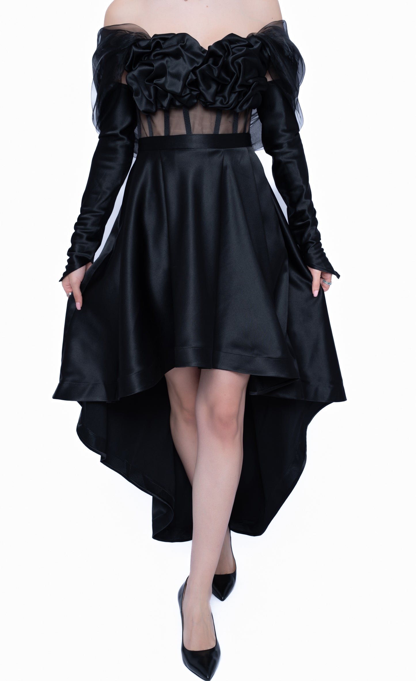 Corset negru cu Drapaj Manual și Inserții din Tulle