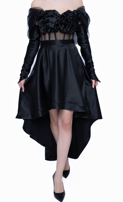 Corset negru cu Drapaj Manual și Inserții din Tulle