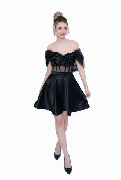 Corset negru cu Drapaj Manual și Inserții din Tulle