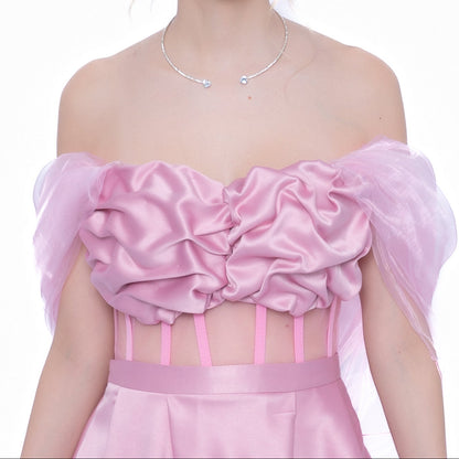 Rochie Roz Accent Set: Corset & Fustă scurtă & Voal