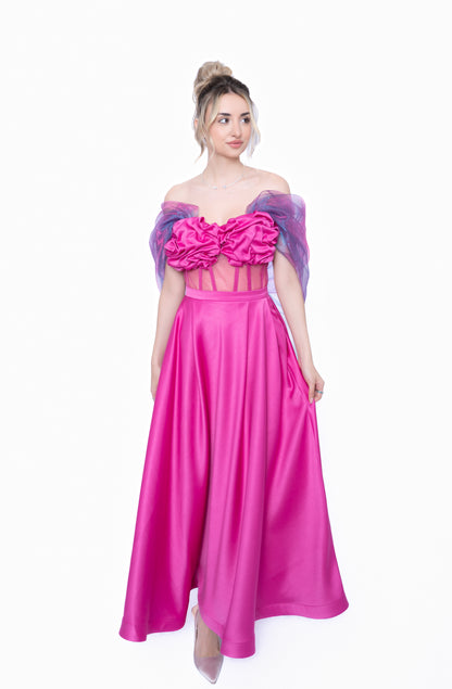Corset Roz Fucsia cu Drapaj Manual și Inserții din Tulle